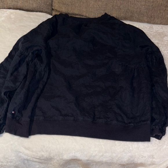 Gently Loved 100% Linen Tommy Hilfiger Navy Long Sleeve Blouson Beautiful - Picture 10 of 12